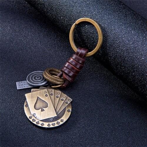 Alloy Vintage Antique Bronze Playing CARDS Key Rings Braided Cowhide Pendant Keychain Punk Men Jewelry Gift For Friends 10PCS