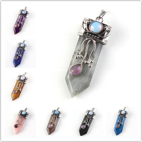 100-Unique 1 Pcs Silver Plated Many Color Quartz Stone Sword Shape with Flower Leaf Pendant Vintage Jewelry