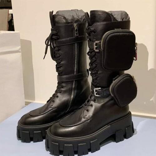 Lady Side Belt Buckle with Bag Lace Up Martin Boots Female Thick Platform Sole Parchwork Mid Booties Round Toe Motorcycle Boot