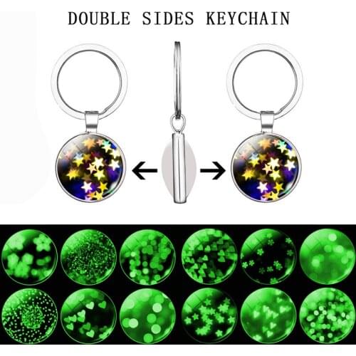 Luminous Love Heart Pattern Double Keychain Fashion Cartoon Colorful Stars Glass Jewelry Glowing Pendant Key Ring Accessories