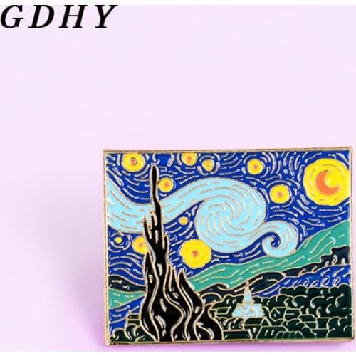 GDHY The Starry Night Van Gogh Enamel Pins Impressionist painter Art Oil Painting Brooches for Women Lapel Pins Badge Jewelry