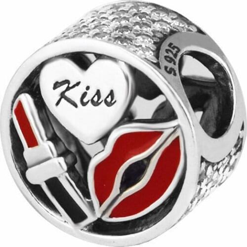 Glamour Kiss Heart Beads for Silver 925 Original Charms Bracelets Women Red Lipstick Clear CZ Crystal Beads for Jewelry Making