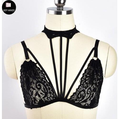 Black Lace Body Harness See Through Soft Bralette Goth Body Cage Bustier Fetish Sexy Lingerie Pole Dance Bondage Harness Belt