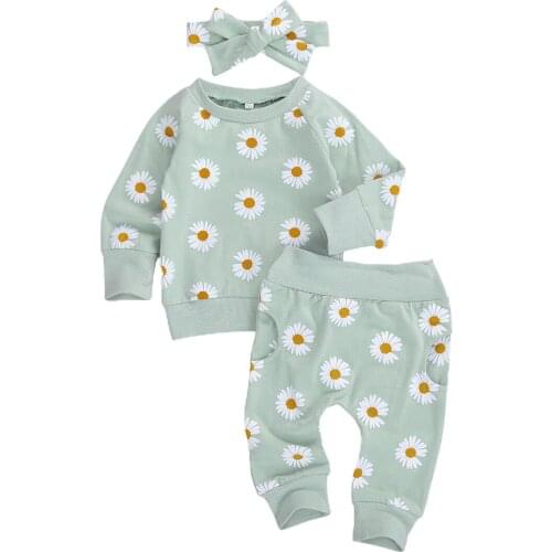 3PCs Newborn Baby Girls Boys Clothes Set Infant Long Sleeve O-neck Floral Sweatshirt Tops + Little Sunflower Pants Autumn Outfit