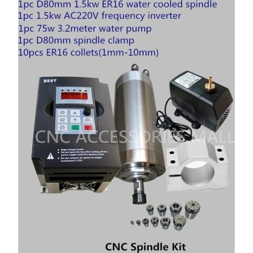 CNC Spindle Kit 1.5KW Water Cooling Spindle Motor + 1.5kw Interver + ER16(1-10mm) + 80mm Clamp + 3.2m Water Pump