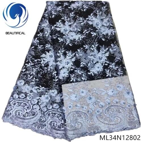 Beautifical african lace fabrics for dress Hot sale tulle mesh lace fabric with beads and stones french net lace 5yards ML34N128