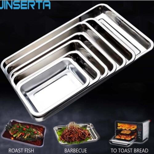 JINSERTA Stainless Steel Storage Trays Thick Pans Rectangular Multi-function Cafeteria Tray Barbecue Deep Rice Dishes Plate