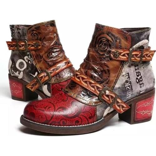 Fashion Vintage Splicing Printed Ankle Boots for Women Shoes Woman PU Leather Retro Block High Heels Zipper Women Boots Big Size