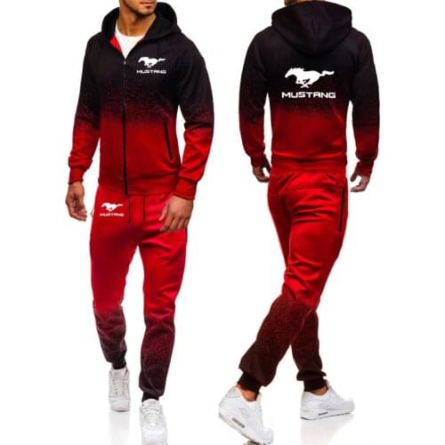 2021 Hoodies Men Mustang Car Logo Print Casual Harajuku Gradient color Hooded Fleece zipper Jacket Sweatshirt Sweatpants Suit
