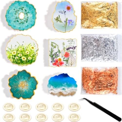 Coaster Making Kit Resin Mold Kit with Molds Dried Flowers Gold Foil Flakes and Tools for Epoxy Resin Casting Home Decoration