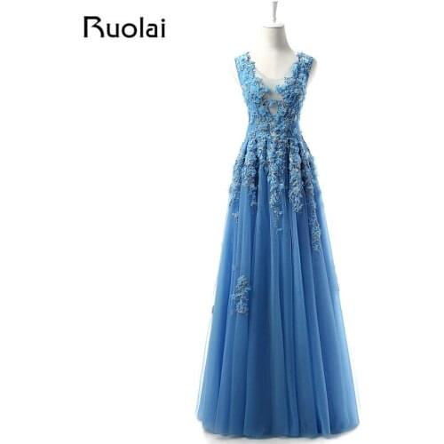 Real New Scoop Sleeves A-Line Tulle Evening Dresses Long Blue Appliques Beading robe de soiree Formal Prom Dress Evening ASAE1