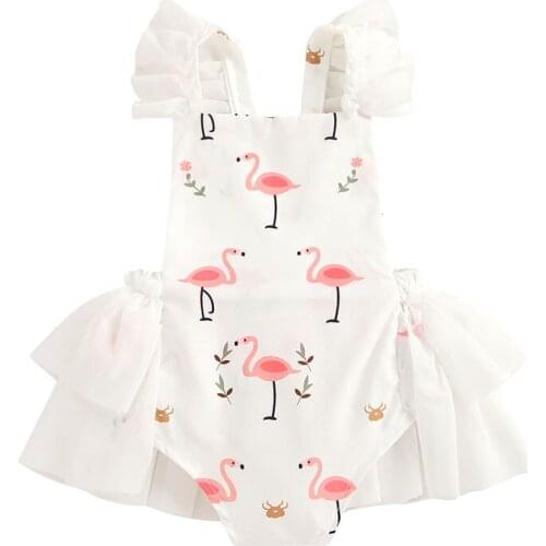 Infants Baby Clothes Girl Romper Tops Lace Flamingo Printed Fly Sleeves Home Sleeping Kids High Waist Childrens Clothing Summer