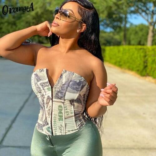 OrangeA sexy women sleeveless strapless button dollar print bandage drawstring corsets adjustable lace up casual slim streetwear