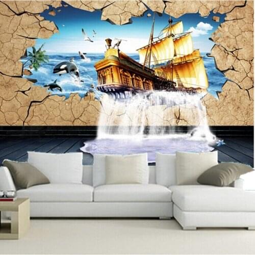The latest 3D murals,3D stereo cartoon, ship and seagull wallpapers, living room sofa TV wall bedroom wallpaper