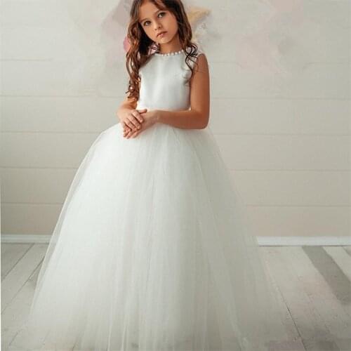 Puffy Flower Girl Dress with Pearls V Back Wedding Party Gowns for Kids Girls Girl First Communion Dresses Eucharist Attended