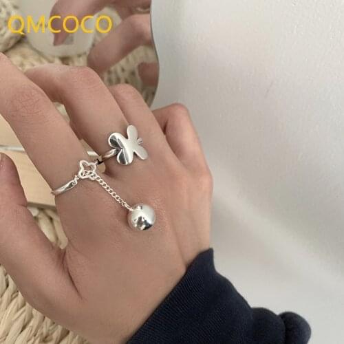 QMCOCO 925 Silver Butterfly Rings INS Fashion Creative Tassel Ball Pendant Elegant Party Jewelry Gifts For Women