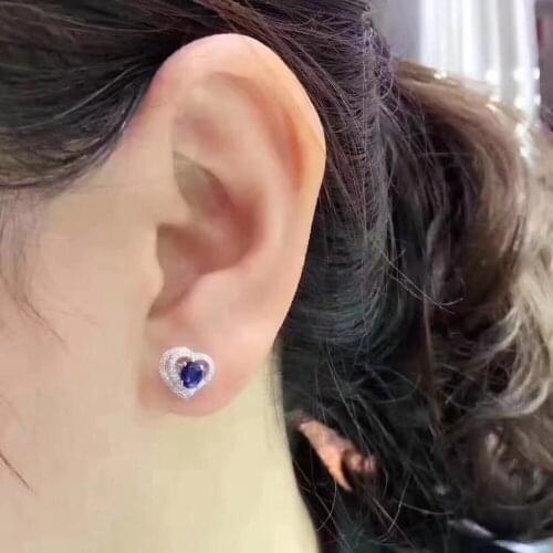 Love Heart Style Sapphire earring Free shipping Natural real sapphire 925 sterling silver Fine jewelry 3*5mm 2pcs