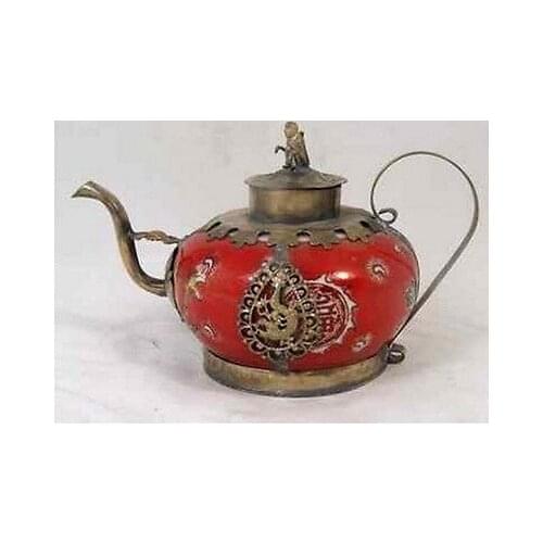 Unique Tibetan silver carved leopard butterfly red porcelain teapot Garden Decoration 100% real Tibetan Silver Brass