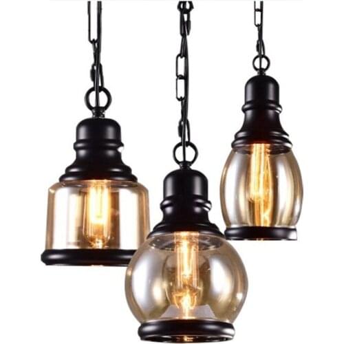 Vintage Loft Black Pendant lamps Industrial Style Amber Glass Lamp Bar/Restaurant Retro Room Bar Bed Room 3 Style Pendant Lights