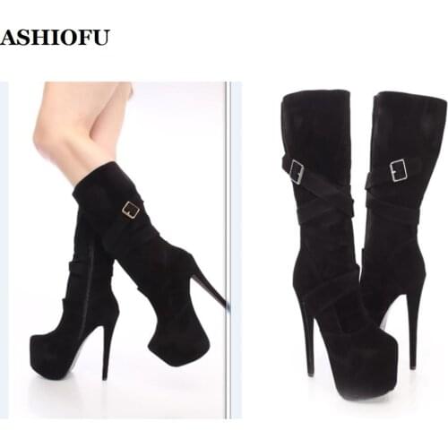 ASHIOFU New Hot Sale Women High Heel Platform Boots Round-toe Sexy Party Prom Knee Boots Club Evening Winter Fashion Boots Shoes