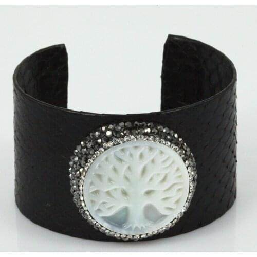 Snakeskin Leather Bracelet Genuine Leather & Natural Statement Pave Rhinestone Cuff Bangle with Tree Pattern for Women