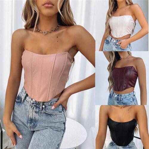 Womens Solid Color Tube Tops Off Shoulder Ribbed Irregular Hem PU Leather Corset for Female