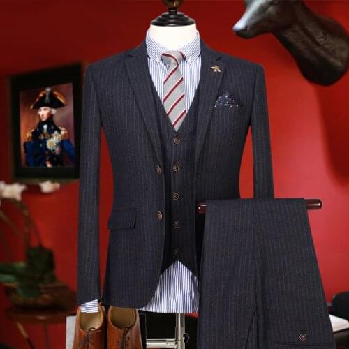 Suits men 2017 deep grey striped thicken retro plus size winter suit men casual wedding groom business mens suits with pants
