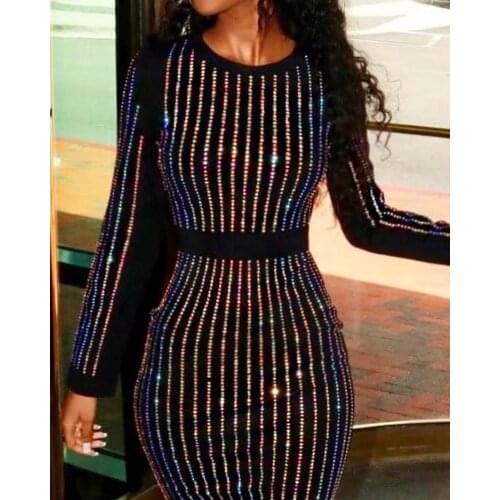 2020 Women Fashion Elegant Stripes Binding Long Sleeve Sequin Party Dress Sexy Round Neck Party Cocktail Sequins Dress