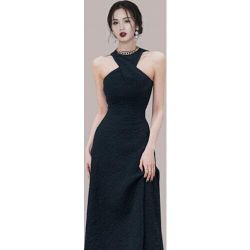 2021 New Runway Design Summer Womens Sexy Sleeveless Dew Shoulder Hanging Neck Hight Waist Slim A Line Office Dresses Vestidos