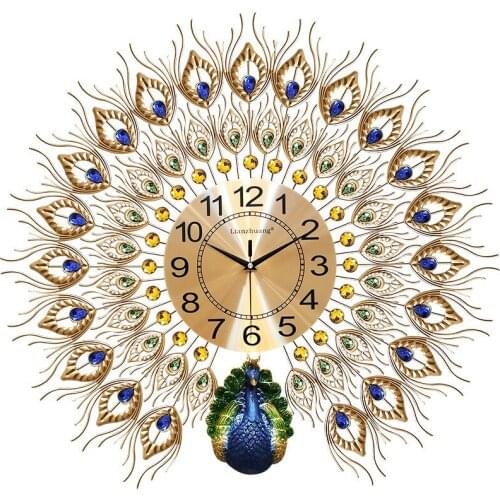 60*58cm Peacock Wall Clock Modern Design Luxury Wall Watch Bedroom Living Room Decoration Quartz Silent Golden Clocks HW128