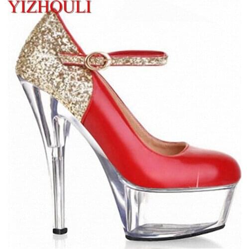 Flash powder color red crystal and super high heels, 15cm thin and waterproof platform artificial leather Dance Shoes