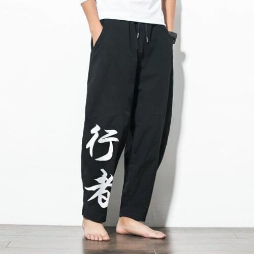 #8003 Summer Cotton Linen Harem Pants Men Printed Pants Loose Thin Vintage Trousers Retro Casual Pants For Men Black Grey Blue