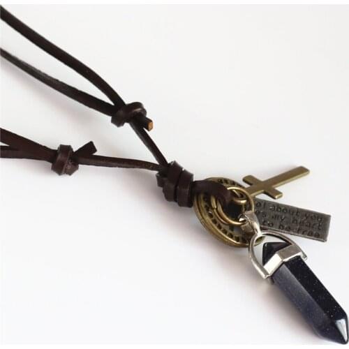 New Brown Long Leather Rope Chain Alloy Hoops Cross Blue Sandstone Natural Stone Pendant Women Necklace Men Femme Homme Jewelry