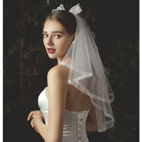 Ivory Two Layers Bridal Veils Ribbon Edge Bowknot Tull Veil Wedding Accessories Short Bride Veils With Comb Voile Mariage