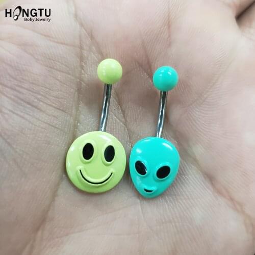 HONGTU 1PC Alien Smile Navel Belly Button Rings Belly Piercing Surgical Steel Woman Body Jewelry Barbell Women Accessories 14G
