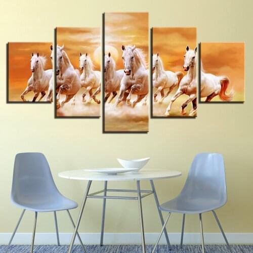 Canvas Paintings Living Room Wall Art Prints Poster 5 Pieces Running Fine Horses At Sunset Scenery Pictures Home Decor Framework