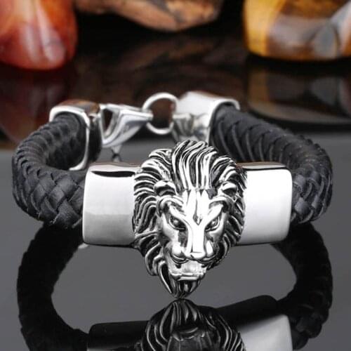 Classic Punk Black Leather Stainless Steel Lion Head Bracelet Bangle Glamour Mens Rock Party Jewelry