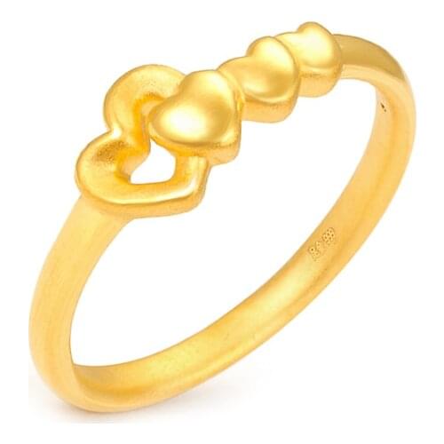Real Pure 24K Yellow Gold 3D Loving Heart For Lover Girl Ring Band Women Girl Thin Ring US 5-8