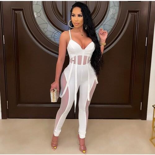 2021 New Sexy Summer Clubwear White Jumpsuits Women Sleeveless Cami Straps Backless Bodycon Jumpsuit Sexy See Through Outfit