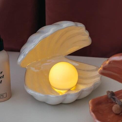 Novelty Lighting Shell Pearl Night Light Ceramics Desktop Ornament Bedside Lamp Home Decor Lamp