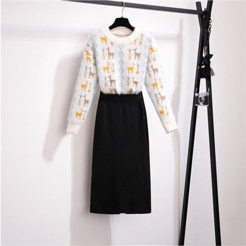Autumn Winter Sweater Suits New Women Pattern Fawn Print Mohair Knitted Thick Soft Loose Pullovers + Bodycon A Line Skirts Suits