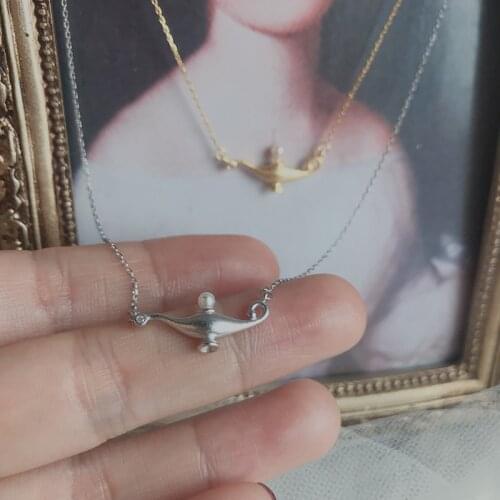 925 Sterling Silver Aladdin Magic Lamp Necklaces For Women Wish Lamp Pearl Pendant Choker Girls Birthday Gifts Sweater Necklace