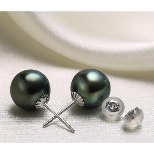 Pair of 12-13mm natural south sea genuine round black blue pearl earring AAA