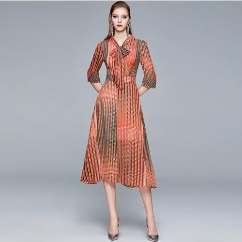 BLLOCUE Printed Chiffon 2020 Summer Fashion Elegant Bow Lace-Up Gradient Stripes Party Dress Women