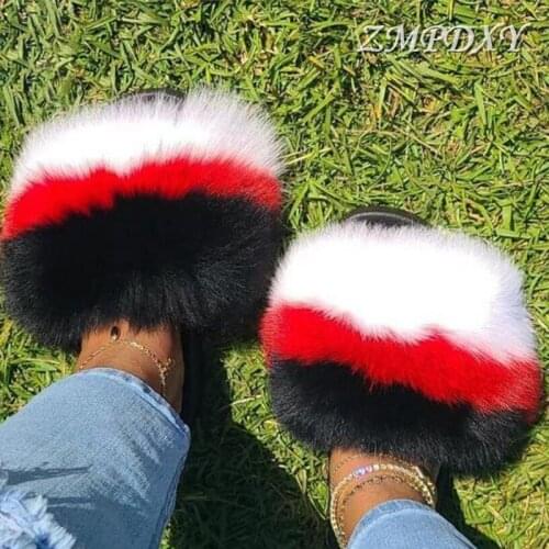 Summer Ladies Fur Slippers Girls Fur Slides Cute Plush Flip Flops Gorgeous Raccoon Fur Sandals Women Amazing Furry Slippers