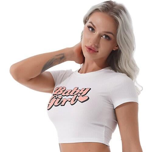 Fashion Summer T Shirt Women Clothes Exotic Sport Letter Print Ribbed Crop Top Round Neck Short Sleeve Cropped Dance Streetwear