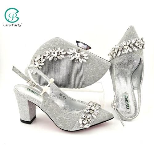 Nigerian 2021 Italian Design Fashion Special Colorful Crystal Style Elegant Ladies Shoes and Bag Set in SIlver Color for Party