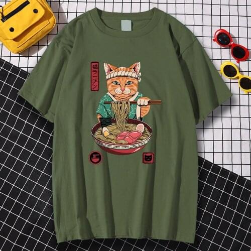 Japan Ukiyo E Style Eat Noodle Cat Printing Tshirts Man Fitted Simplicity Top Retro Oversized Clothing Funny Brand Mens T-Shirt