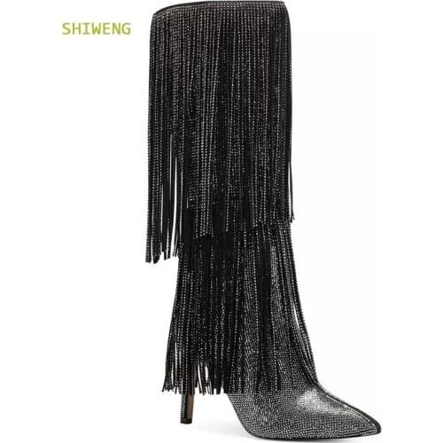 2021 Women Catwalk Knee High Boots Fashion Shiny Glitter High Boots Thick Heel Pointed Toe Silver Tassel High Boots Large Size