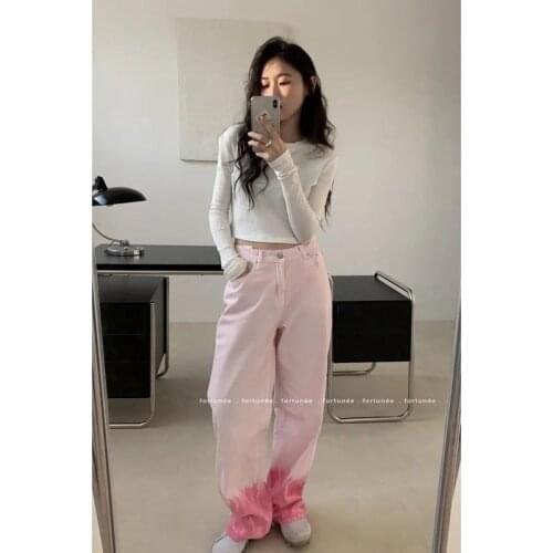 HOUZHOU Korean Fashion Pink Tie Dye Jeans Women Oversize Harajuku Wide Leg Denim Pants High Waist Trousers For Female Streetwear